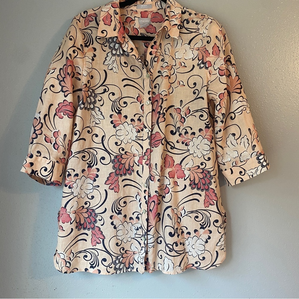 Chicos Floral Print Linen 3/4 Sleeve Blouse